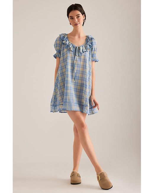 Damson Madder Blue Harlow Puff-Sleeve Ruffle Mini Dress