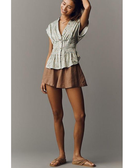 Pilcro Brown The Linden Silky Pleated Waisted Blouse By
