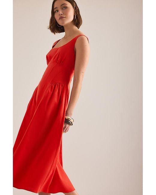 By Anthropologie Red Livy Cotton-Linen Hourglass Midi Dress