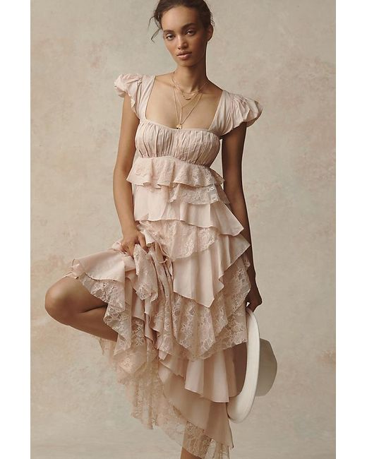 By Anthropologie Brown Cap-Sleeve Square-Neck Ruffle Midi Dress
