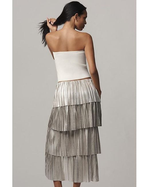 By Anthropologie Metallic Plisse Tiered Midi Skirt | Lyst UK