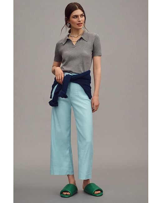 Maeve Blue The Colette Cropped Wide-Leg Trousers By Linen Edition