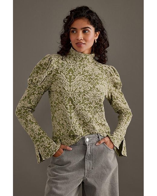 By Anthropologie Brown Puff-Sleeve Turtleneck Jacquard Top