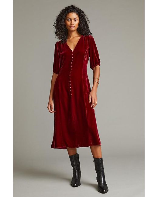 Anthropologie Red Velvet Button-through Midi Dress
