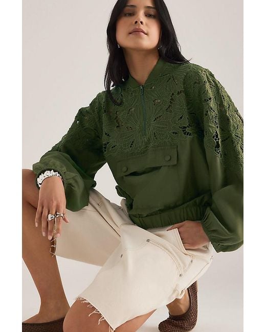 Maeve Green Embroidered Half-Zip Bomber Jacket