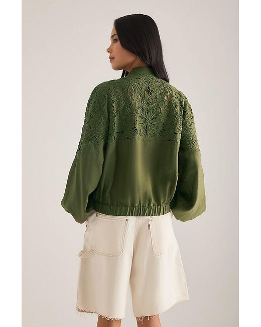 Maeve Green Embroidered Half-Zip Bomber Jacket