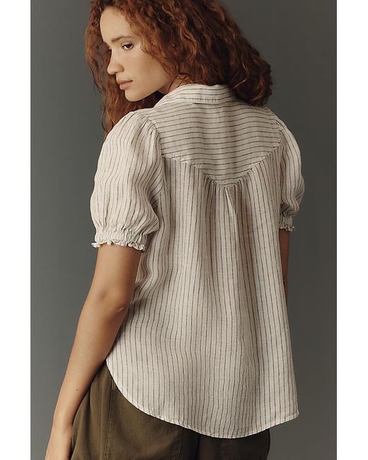 Pilcro Brown The Aly 100% European Linen Puff-Sleeve Blouse