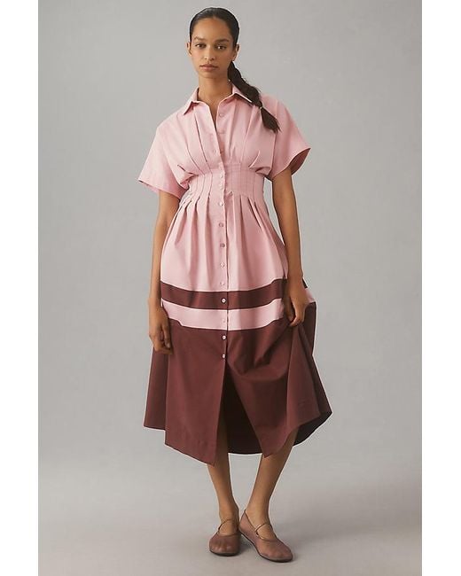 Exquise Pink Tobie Button-front Pleated Midi Shirt Dress
