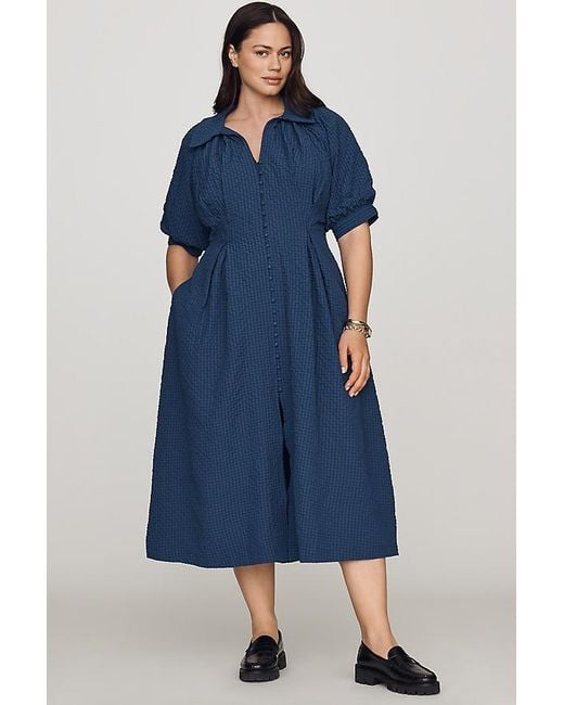 English Factory Blue Puff-Sleeve Textured Midi Shirtdress