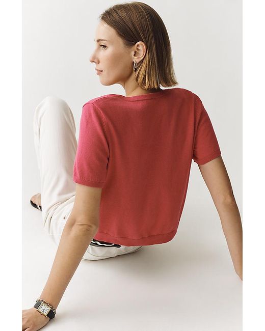 By Anthropologie Red The Juliet Cotton Cashmere Crew-Neck Cardigan: Short-Sleeve Edition