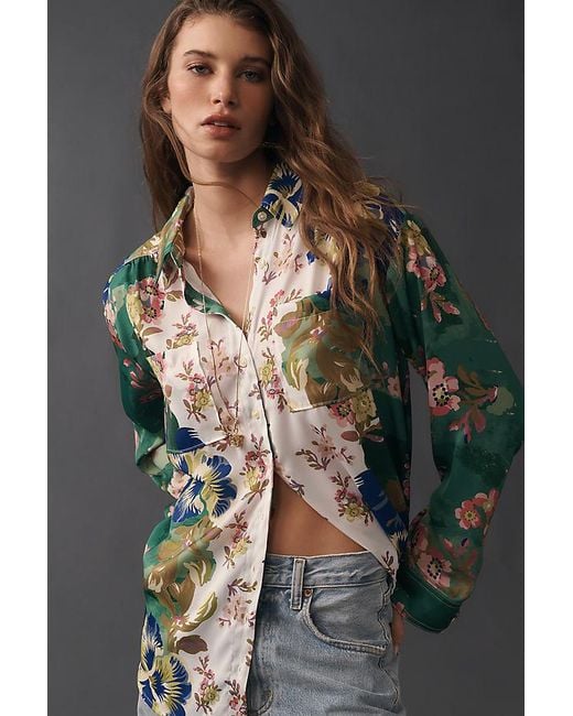 By Anthropologie Gray Relaxed Long-Sleeve Floral Shirt
