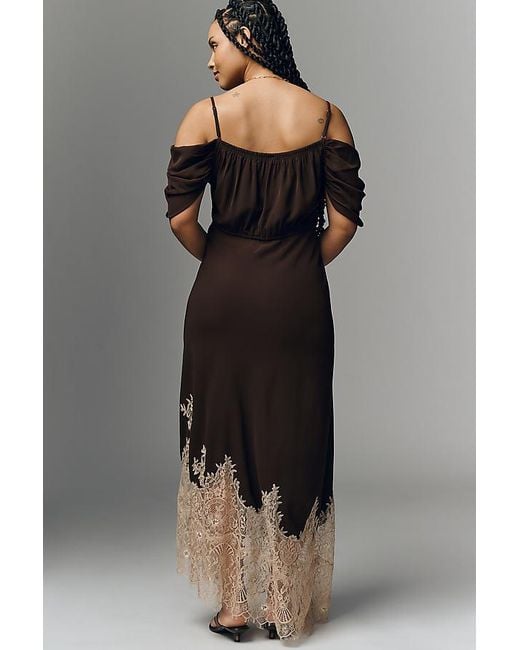 Bl-nk Black Satin Off-Shoulder Lace Midi Dress