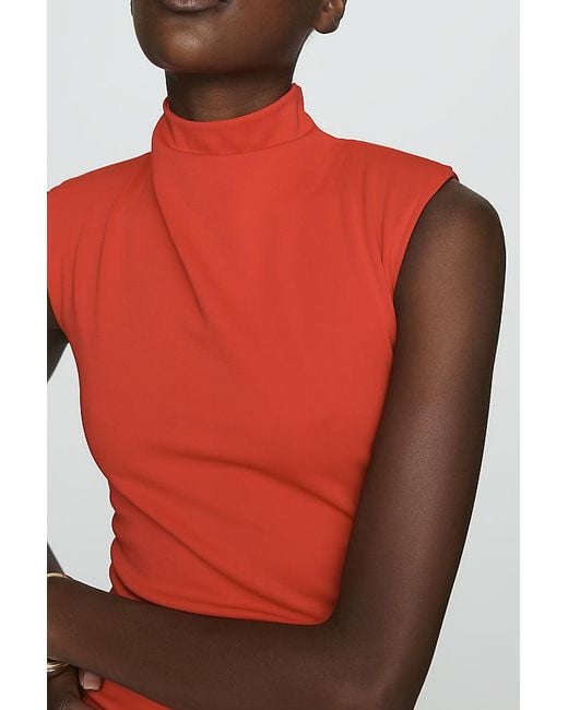 Maeve Red Sleeveless Ruched Mock-Neck Dress