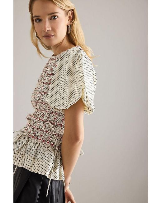 Damson Madder Natural Audrey Smocked Embroidered Cotton Poplin Blouse