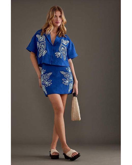 Significant Other Blue Rosslyn Linen-blend Embroidered Mini Skirt