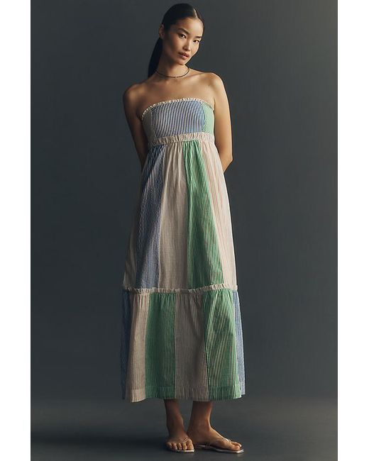 Maeve Black Cotton Strapless Colourblock Midi Dress