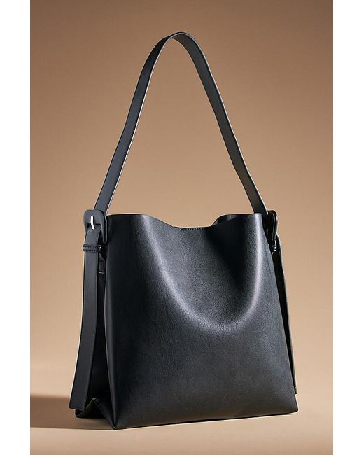 By Anthropologie Black Buckle-Strap Faux Leather Shoulder Bag