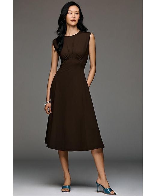 Maeve Black Sleeveless Ruched Babydoll Midi Dress