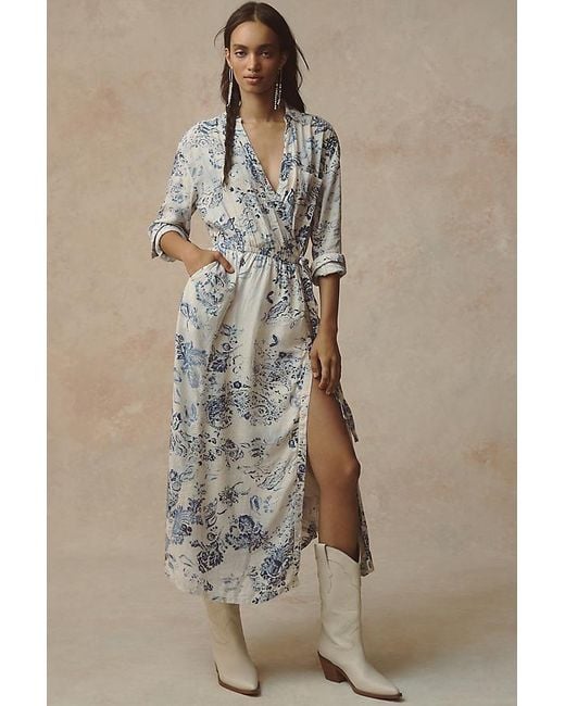 Pilcro Natural V-Neck Linen Midi Wrap Dress