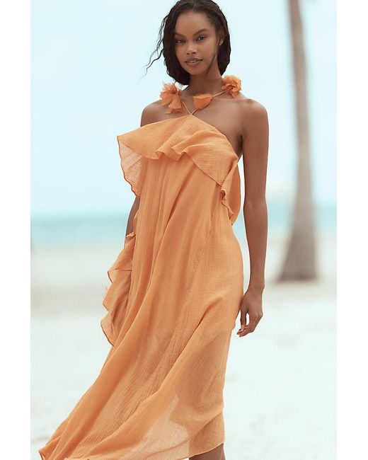 By Anthropologie Orange Celandine Halter-Neck Gauze Maxi Dress