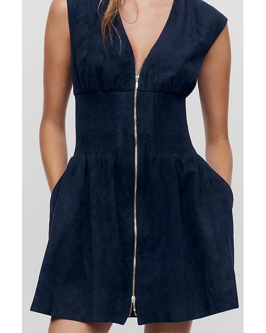 Maeve Blue The Tommie Cap-Sleeve Smocked Front-Zip Shirt Dress: Faux-Suede Edition