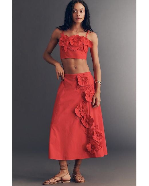 Maeve Red Cotton Floral Appliqué Midi Skirt