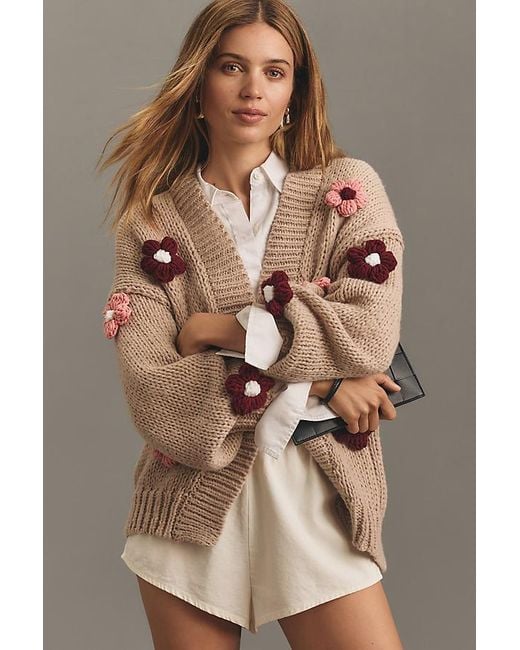 By Anthropologie Brown Chunky 3D Floral Knit Cardigan