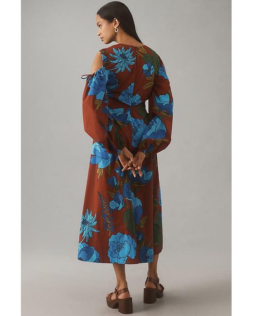 Farm Rio Purple Long-Sleeve V-Neck Midi Dress