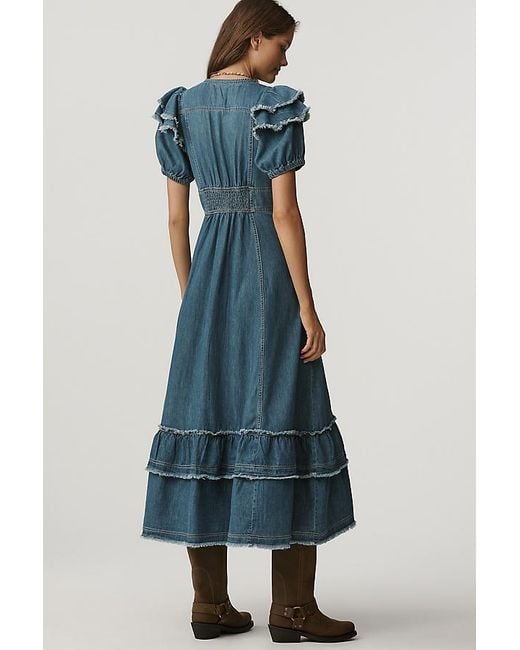 Pilcro Blue Short-Sleeve Ruffled Midi Shirtdress