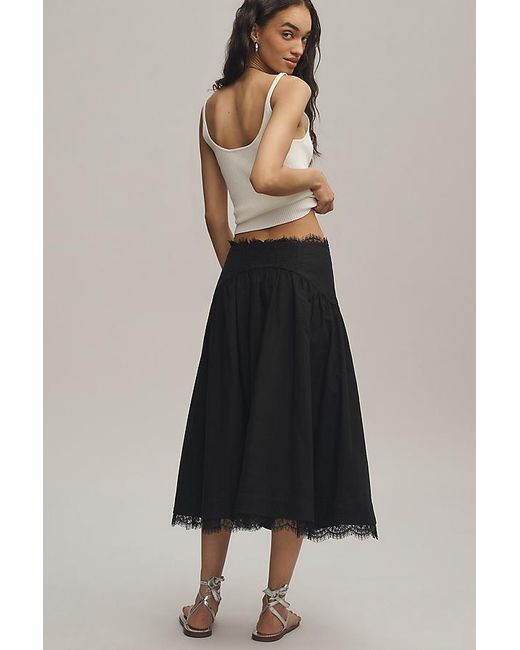 By Anthropologie Brown Waisted Lace Trim Skirt