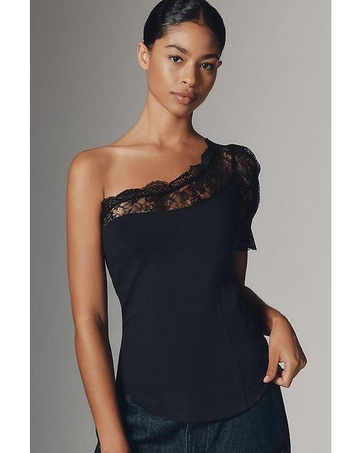 Maeve Black One-Shoulder Lace-Trimmed Top