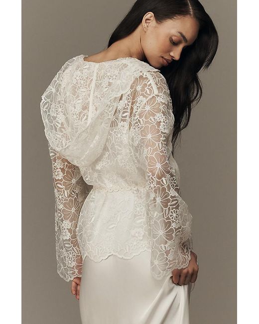 By Anthropologie Natural Sheer Floral Lace Tie-Waist Kimono