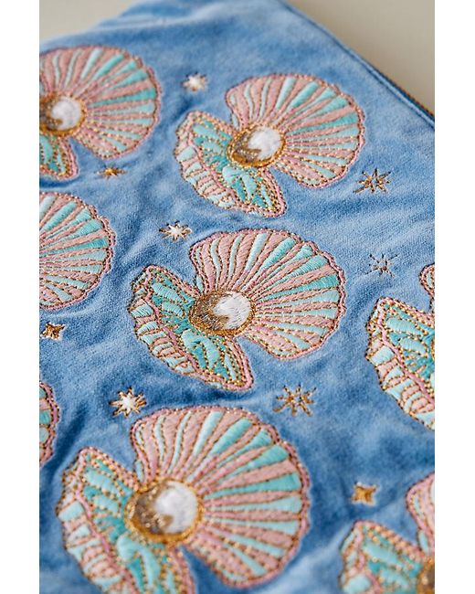 Elizabeth Scarlett Blue Oyster Embroidered Velvet Pouch