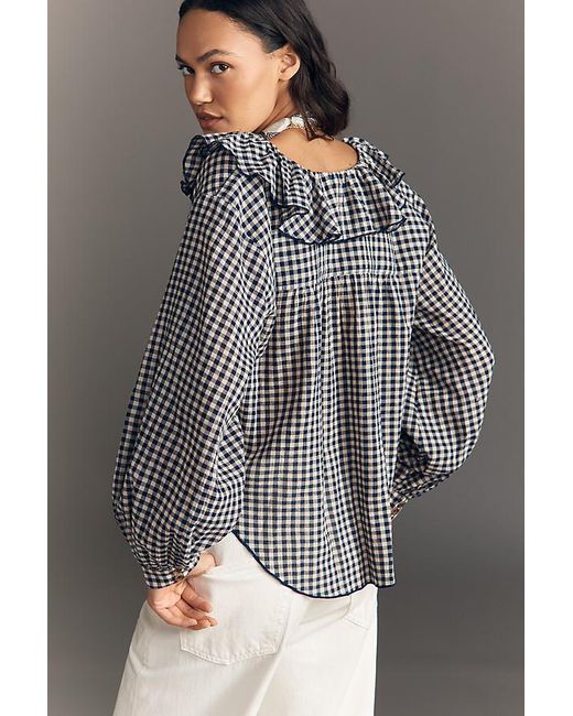 Pilcro Gray Blouson-Sleeve Ruffle Collar Buttondown Shirt