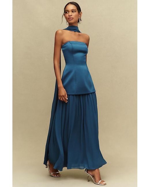 Mare Mare Blue Natalie Strapless Stretch Satin Chiffon Maxi Dress