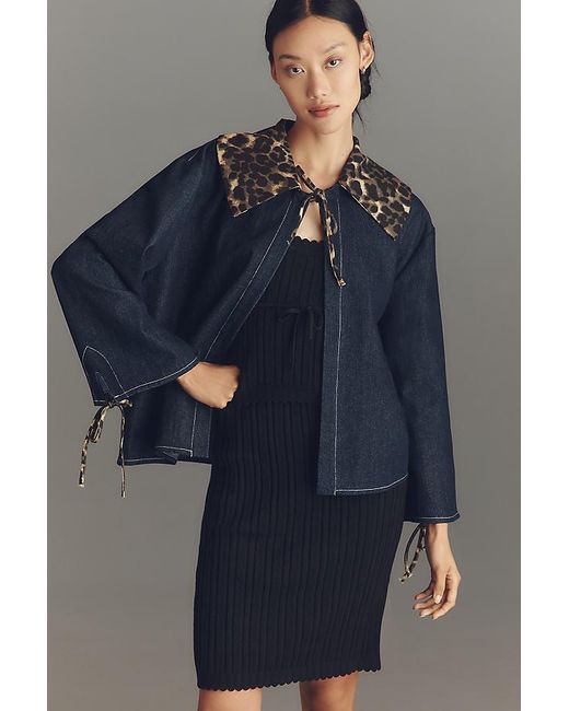 Maeve Gray Leopard Collar Denim Boxy Jacket