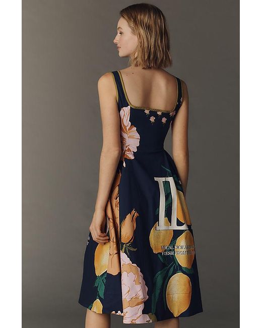 Maeve Blue Sleeveless Notched Square-Neck Midi Dress