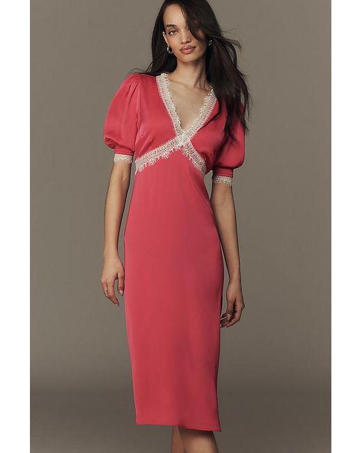By Anthropologie Red V-Neck Lace Trim Midi Dress