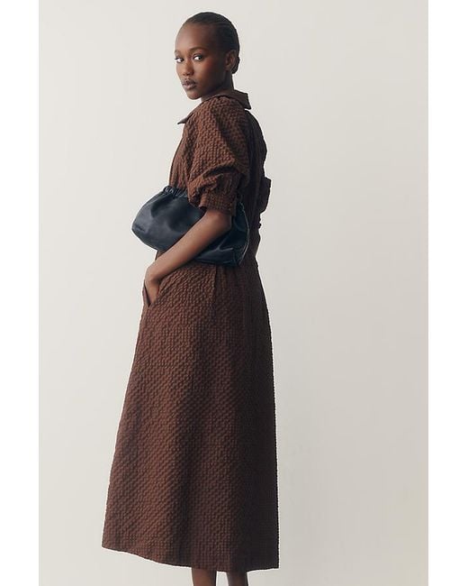 English Factory Brown Puff-Sleeve Textured Midi Shirtdress