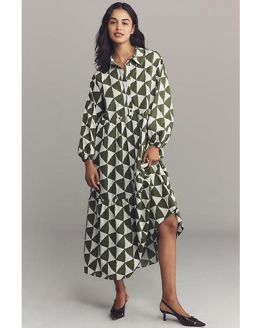 Maeve The Bettina Tiered Midi Shirt Dress By in Green | Lyst UK