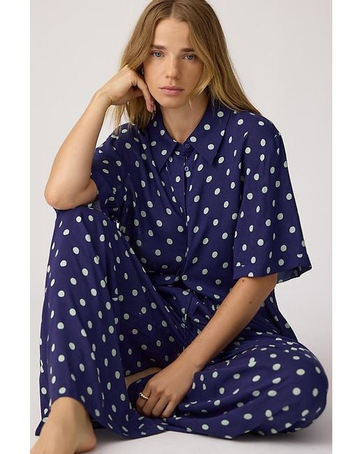 It's 9pm Blue Antibes Polka Dot Shirt & Wide-Leg Trousers Set
