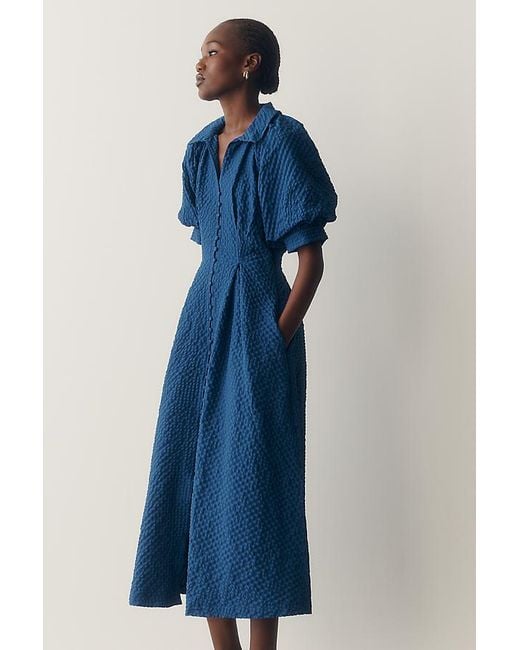 English Factory Blue Puff-Sleeve Textured Midi Shirtdress