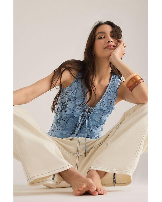 Pilcro Blue Eyelet Ruffle Tank Top