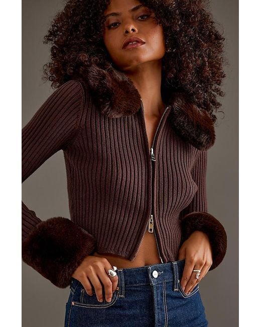 House Of Sunny Brown Peggy Faux-Fur Trim Cardigan