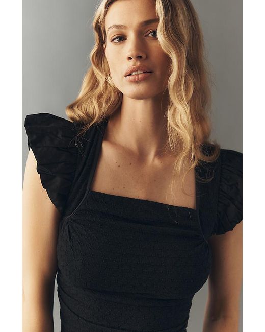 Maeve Black Flutter-Sleeve Square-Neck Top