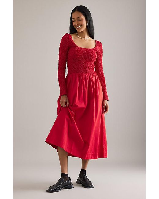 Damson Madder Red Malinda Long-Sleeve Smocked Midi Dress