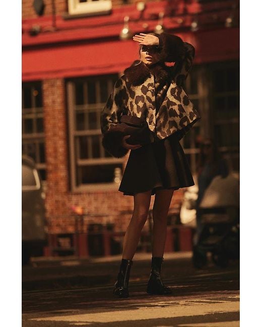 By Anthropologie Brown Faux-Fur Trim Leopard Coat