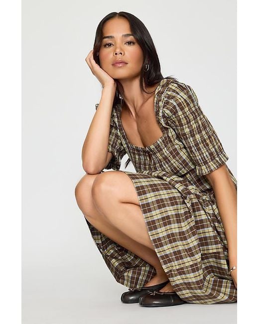 Damson Madder Natural Emmy Shirred Check Midi Dress