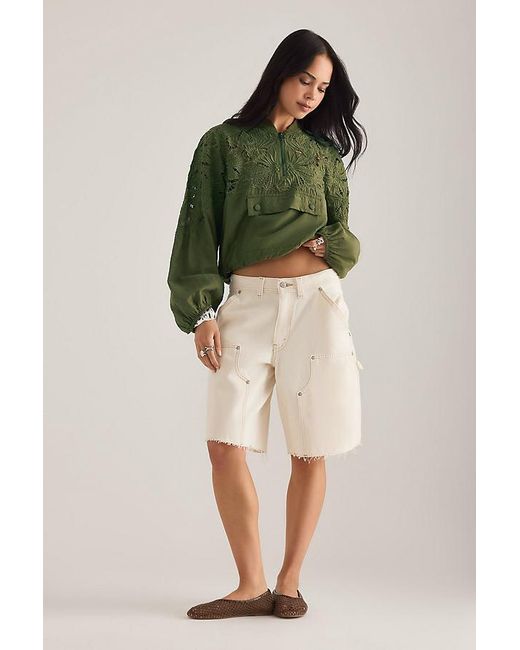 Maeve Green Embroidered Half-Zip Bomber Jacket