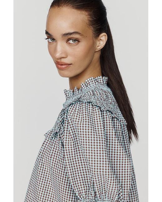 By Anthropologie Gray Ruffled Puff-Sleeve Blouse